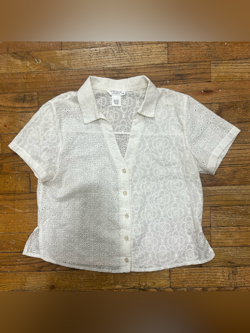 Casual Button-Front White Eyelet Collared Blouse